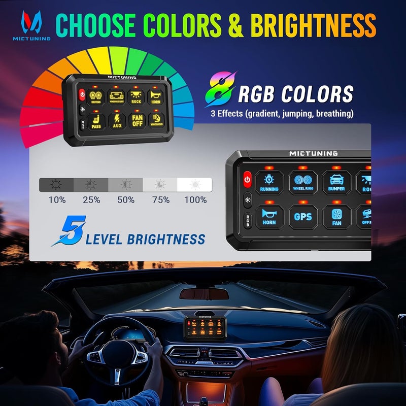 MICTUNING 8 Gang RGB Switch Panel P1s-R, Universal Circuit Control Relay System Box with Adjustable Brightness On-Off Toggle Switch Momentary Pod Touch for Car Truck SUV ATV Boat - Image 3